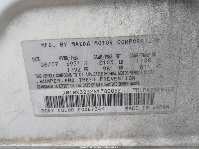 Aukcja sprzedaży 2008 Mazda Mazda3 S Touring, vin: JM1BK323281780052, numer aukcji: 45271775