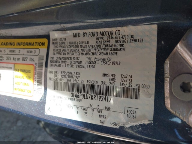 Aukcja sprzedaży 2019 Ford Fusion Hybrid Se, vin: 3FA6P0LU7KR192417, numer aukcji: 45271787