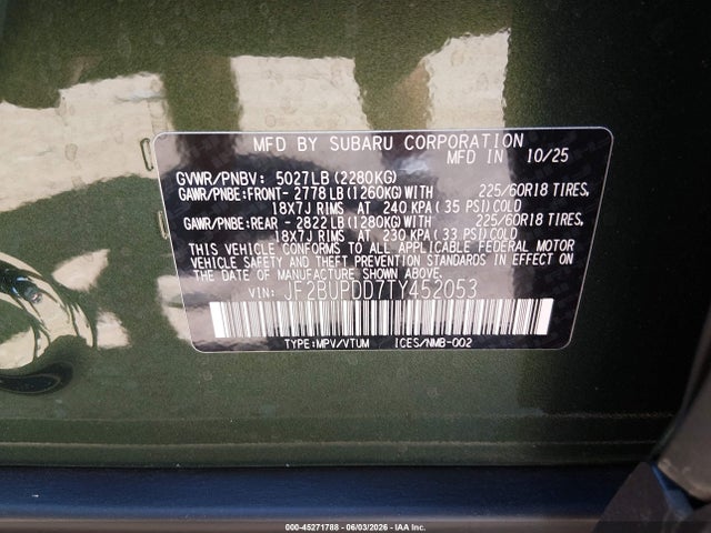Aukcja sprzedaży 2026 Subaru Outback Limited, vin: JF2BUPDD7TY452053, numer aukcji: 45271788