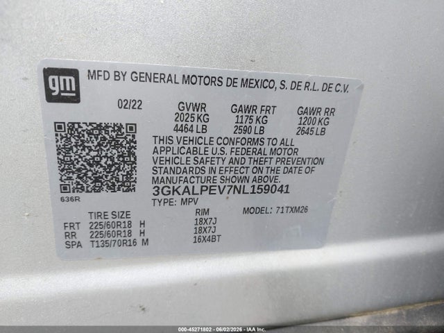45271802 :رقم المزاد ، 3GKALPEV7NL159041 vin ، 2022 Gmc Terrain Fwd Slt مزاد بيع