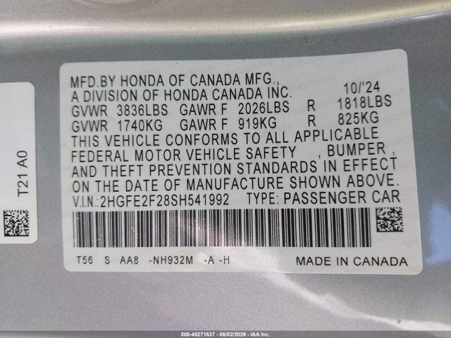 Продаж на аукціоні авто 2025 Honda Civic Lx, vin: 2HGFE2F28SH541992, номер лоту: 45271837