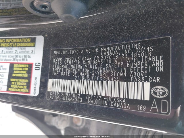 45271844 :رقم المزاد ، 2T1BURHE6FC390439 vin ، 2015 Toyota Corolla S مزاد بيع