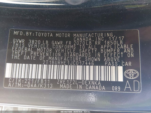 45271849 :رقم المزاد ، 2T1BURHE1JC017446 vin ، 2018 Toyota Corolla Le مزاد بيع