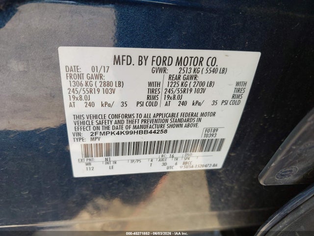 Продаж на аукціоні авто 2017 Ford Edge Titanium, vin: 2FMPK4K99HBB44258, номер лоту: 45271852