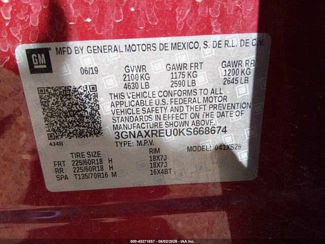 Продаж на аукціоні авто 2019 Chevrolet Equinox Premier, vin: 3GNAXREU0KS668674, номер лоту: 45271857
