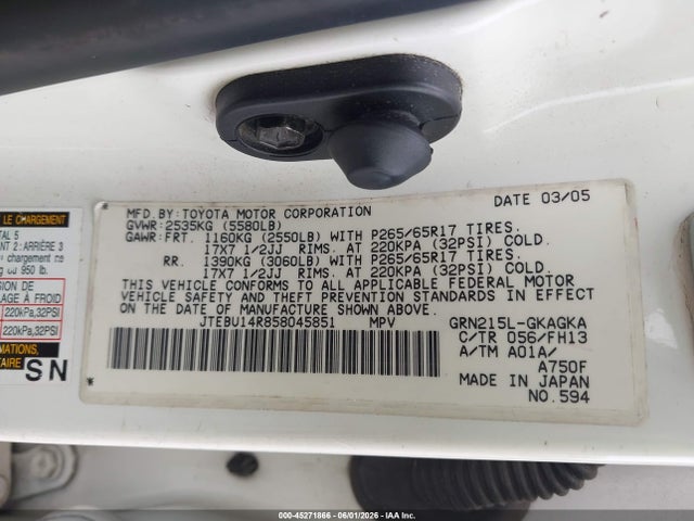 2005 Toyota 4runner Sr5 V6 მანქანა იყიდება აუქციონზე, vin: JTEBU14R858045851, აუქციონის ნომერი: 45271866