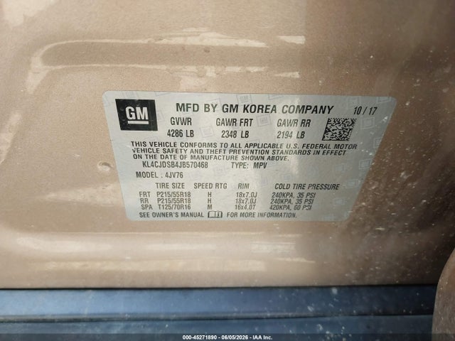 2018 Buick Encore Premium მანქანა იყიდება აუქციონზე, vin: KL4CJDSB4JB570468, აუქციონის ნომერი: 45271890