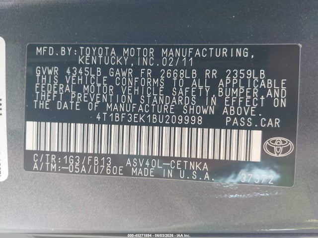 45271894 :رقم المزاد ، 4T1BF3EK1BU209998 vin ، 2011 Toyota Camry Le مزاد بيع