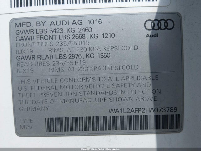 2017 Audi Q5 2.0t Premium მანქანა იყიდება აუქციონზე, vin: WA1L2AFP2HA073789, აუქციონის ნომერი: 45271903