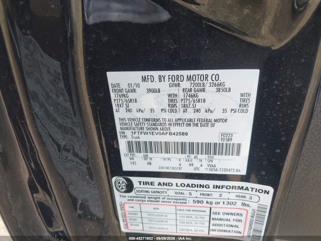Aukcja sprzedaży 2010 Ford F-150 Fx4/harley-davidson/king Ranch/lariat/platinum/xl/xlt, vin: 1FTFW1EV0AFB42589, numer aukcji: 45271902