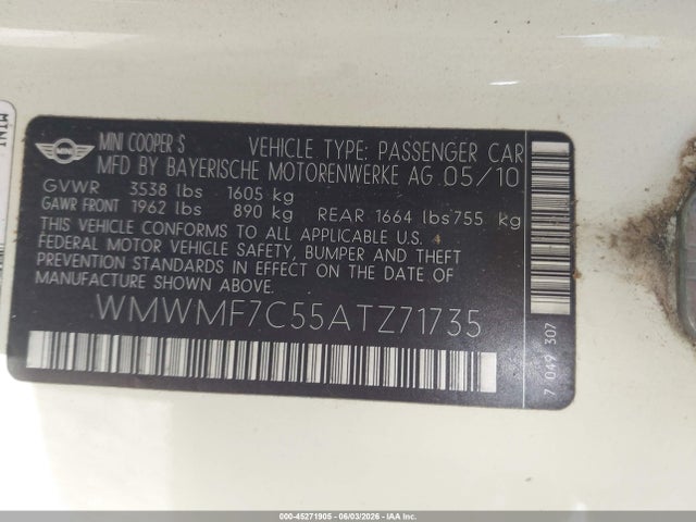 Продаж на аукціоні авто 2010 Mini Cooper S, vin: WMWMF7C55ATZ71735, номер лоту: 45271905