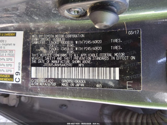 Aukcja sprzedaży 2017 Toyota 4runner Limited, vin: JTEBU5JR6H5442590, numer aukcji: 45271925