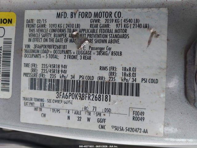 2015 Ford Fusion Titanium მანქანა იყიდება აუქციონზე, vin: 3FA6P0K98FR268181, აუქციონის ნომერი: 45271931