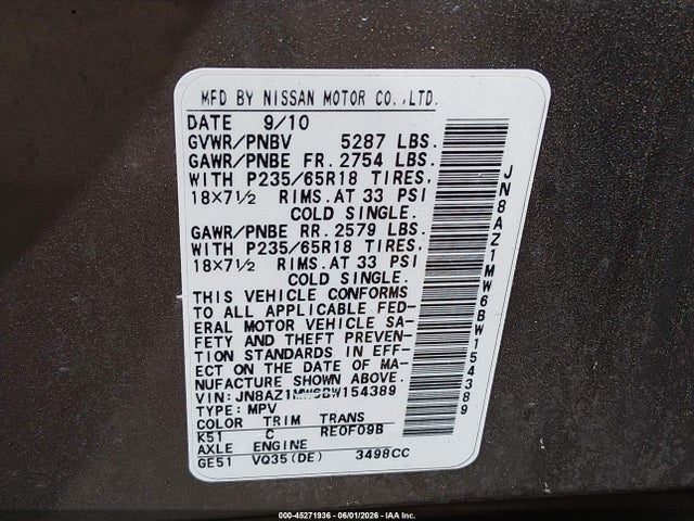 2011 Nissan Murano S მანქანა იყიდება აუქციონზე, vin: JN8AZ1MW6BW154389, აუქციონის ნომერი: 45271936