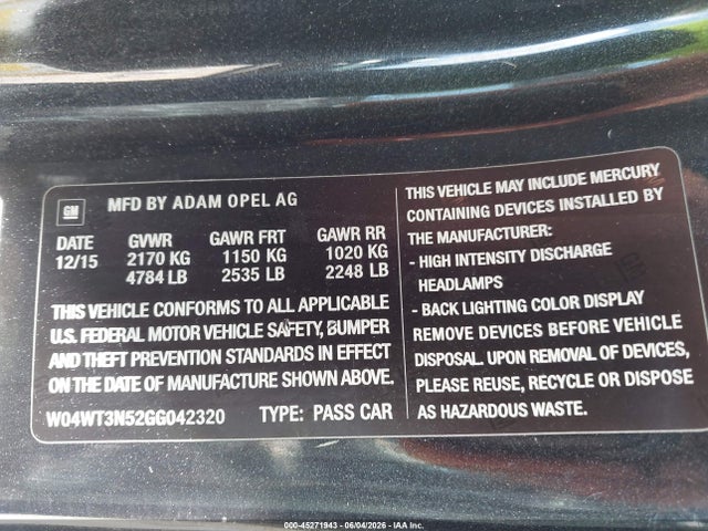 Aukcja sprzedaży 2016 Buick Cascada Premium, vin: W04WT3N52GG042320, numer aukcji: 45271943