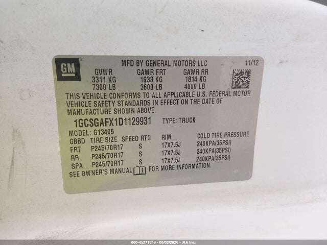 45271949 :رقم المزاد ، 1GCSGAFX1D1129931 vin ، 2013 Chevrolet Express 1500 Work Van مزاد بيع
