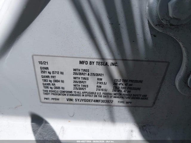 Продажа на аукционе авто 2021 Tesla Model Y Performance Dual Motor All-wheel Drive, vin: 5YJYGDEF4MF303972, номер лота: 45271954