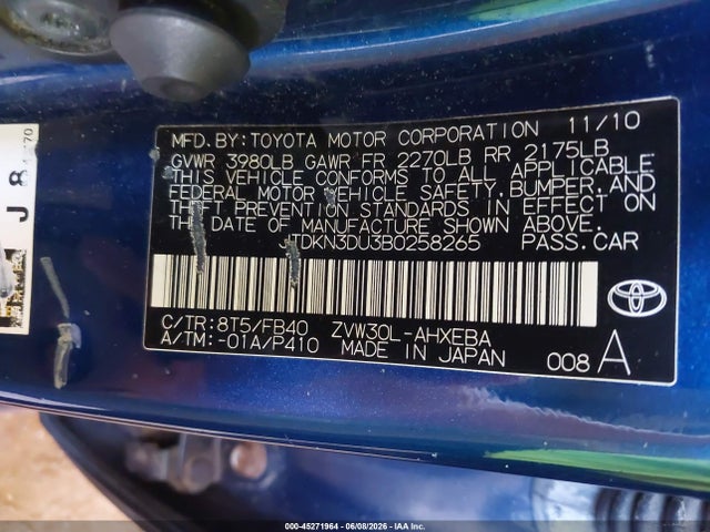 45271964 :رقم المزاد ، JTDKN3DU3B0258265 vin ، 2011 Toyota Prius Two مزاد بيع