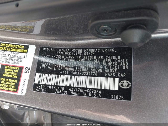 Продажа на аукционе авто 2024 Toyota Camry Se, vin: 4T1T11AKXRU231778, номер лота: 45271968