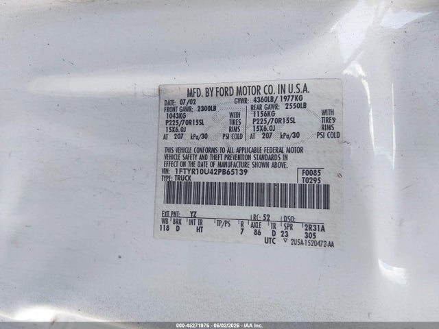 Aukcja sprzedaży 2002 Ford Ranger Edge/xl/xlt, vin: 1FTYR10U42PB65139, numer aukcji: 45271976