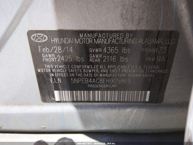 Продаж на аукціоні авто 2014 Hyundai Sonata Gls, vin: 5NPEB4AC8EH905869, номер лоту: 45271977