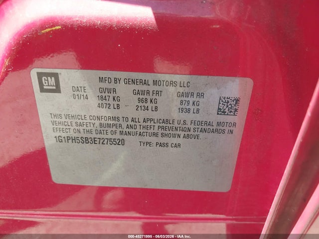45271995 :رقم المزاد ، 1G1PH5SB3E7275520 vin ، 2014 Chevrolet Cruze Eco Auto مزاد بيع