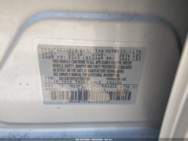 Продажа на аукционе авто 2018 Nissan Sentra S, vin: 3N1AB7AP8JY293739, номер лота: 45272009
