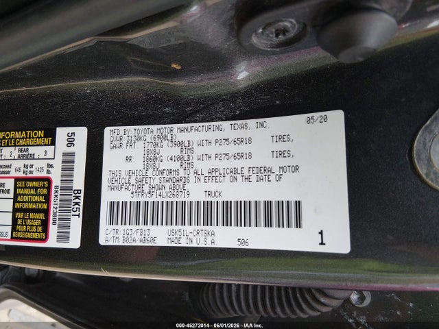 45272014 :رقم المزاد ، 5TFRY5F14LX268719 vin ، 2020 Toyota Tundra Sr5 مزاد بيع