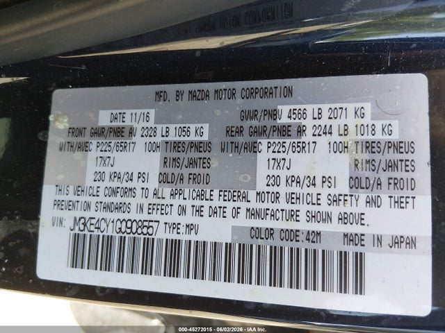 45272015 :رقم المزاد ، JM3KE4CY1G0908557 vin ، 2016 Mazda Cx-5 Touring مزاد بيع