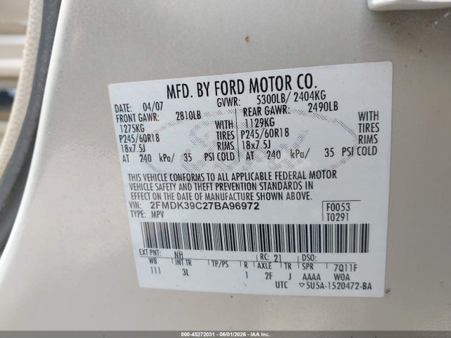 2007 Ford Edge Sel Plus მანქანა იყიდება აუქციონზე, vin: 2FMDK39C27BA96972, აუქციონის ნომერი: 45272031