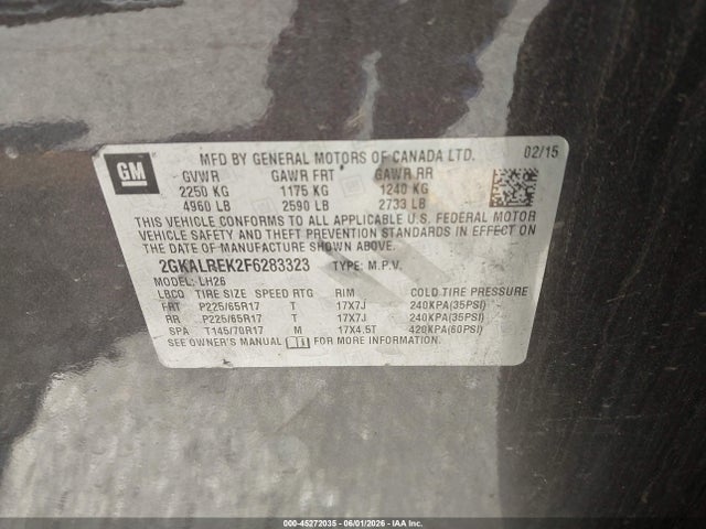 Продажа на аукционе авто 2015 Gmc Terrain Sle-2, vin: 2GKALREK2F6283323, номер лота: 45272035