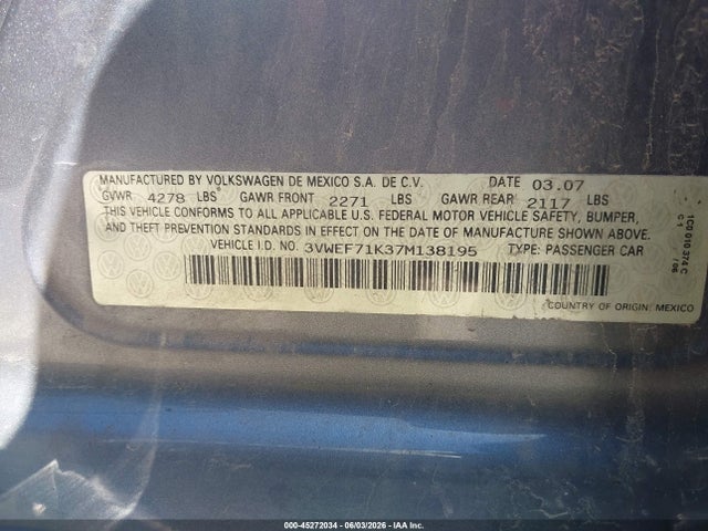 Aukcja sprzedaży 2007 Volkswagen Jetta Wolfsburg Edition, vin: 3VWEF71K37M138195, numer aukcji: 45272034