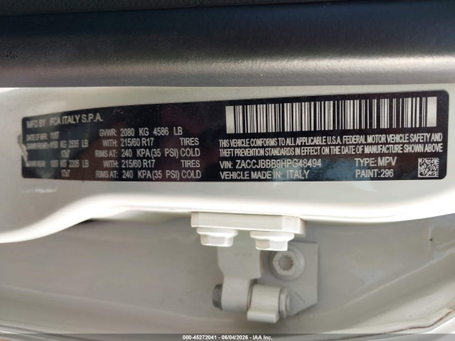 Продажа на аукционе авто 2017 Jeep Renegade Latitude 4x4, vin: ZACCJBBB9HPG48494, номер лота: 45272041