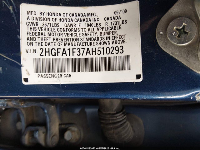 2010 Honda Civic Vp მანქანა იყიდება აუქციონზე, vin: 2HGFA1F37AH510293, აუქციონის ნომერი: 45272050