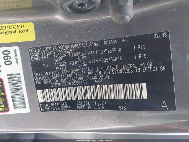 Auction sale of the 2015 Toyota Sienna Limited 7 Passenger, vin: 5TDYK3DC9FS586755, lot number: 45272062