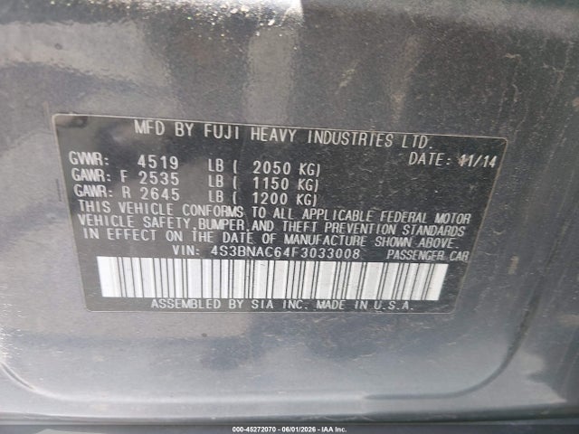 Продаж на аукціоні авто 2015 Subaru Legacy 2.5i Premium, vin: 4S3BNAC64F3033008, номер лоту: 45272070