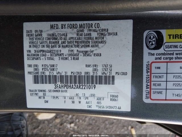 45272075 :رقم المزاد ، 3FAHP0HA2AR221019 vin ، 2010 Ford Fusion Se مزاد بيع