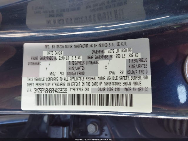 3MZBPABM8RM423538 Mazda Mazda3 2.5 S Select Sport