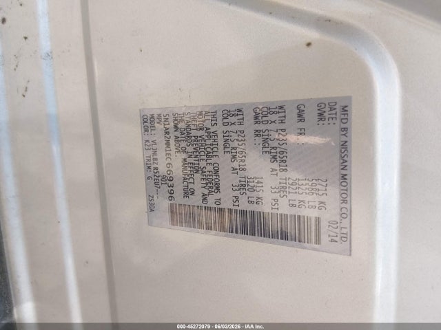 Продаж на аукціоні авто 2014 Nissan Pathfinder S, vin: 5N1AR2MM1EC669396, номер лоту: 45272079