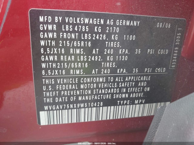 Продаж на аукціоні авто 2009 Volkswagen Tiguan S/se/sel, vin: WVGAV75NX9W510428, номер лоту: 45272083