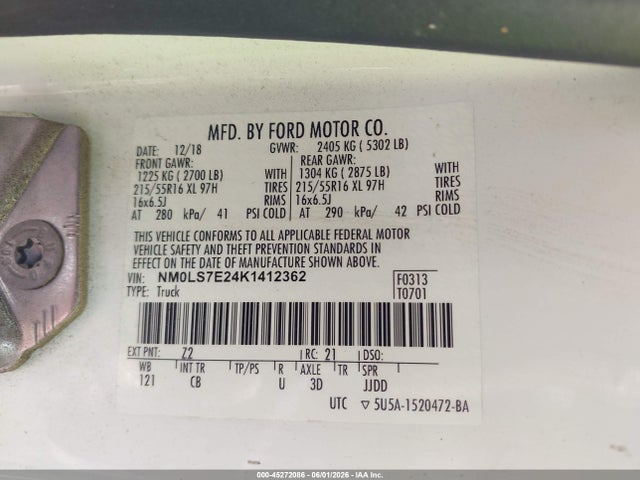 Aukcja sprzedaży 2019 Ford Transit Connect Xl, vin: NM0LS7E24K1412362, numer aukcji: 45272086