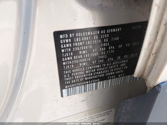 2011 Volkswagen Tiguan Se მანქანა იყიდება აუქციონზე, vin: WVGBV7AXXBW524640, აუქციონის ნომერი: 45272088