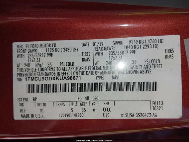 Aukcja sprzedaży 2019 Ford Escape Se, vin: 1FMCU9GDXKUA98671, numer aukcji: 45272094