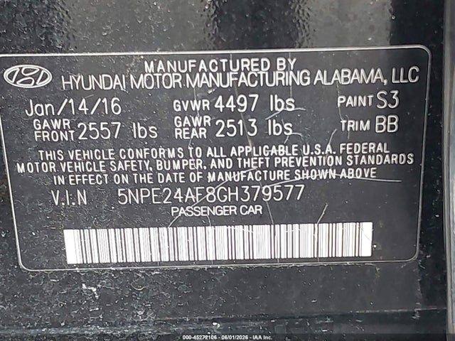 45272106 :رقم المزاد ، 5NPE24AF8GH379577 vin ، 2016 Hyundai Sonata Se مزاد بيع