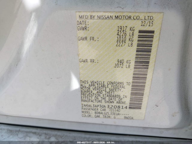 45272117 :رقم المزاد ، 1N4AL3AP3GN320814 vin ، 2016 Nissan Altima 2.5 S مزاد بيع