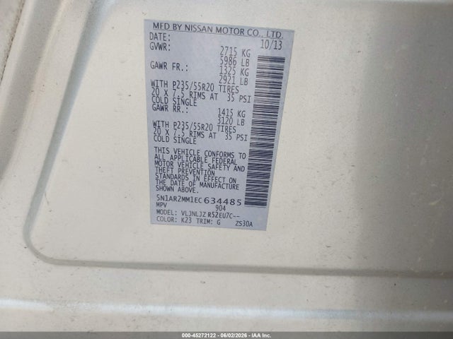2014 Nissan Pathfinder Platinum მანქანა იყიდება აუქციონზე, vin: 5N1AR2MM1EC634485, აუქციონის ნომერი: 45272122