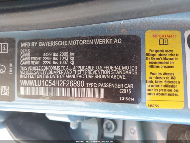 2017 Mini Clubman Cooper მანქანა იყიდება აუქციონზე, vin: WMWLU1C54H2F26890, აუქციონის ნომერი: 45272127