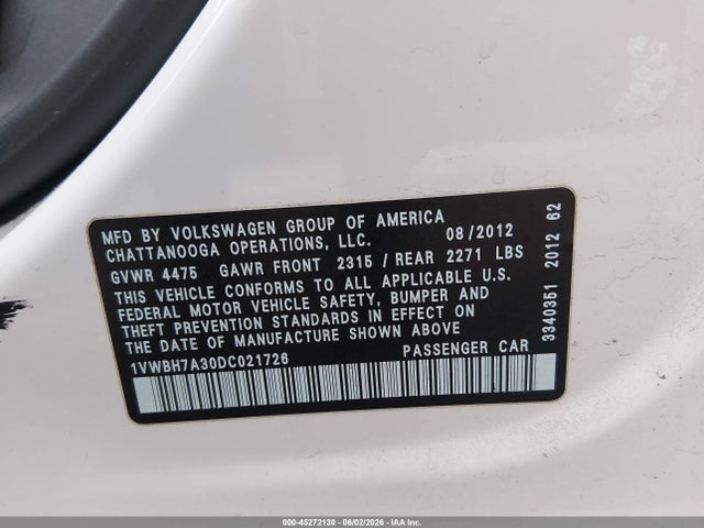2013 Volkswagen Passat 2.5l Se მანქანა იყიდება აუქციონზე, vin: 1VWBH7A30DC021726, აუქციონის ნომერი: 45272130