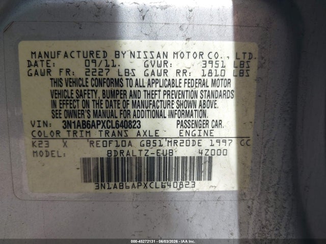 Aukcja sprzedaży 2012 Nissan Sentra 2.0 Sr, vin: 3N1AB6APXCL640823, numer aukcji: 45272131