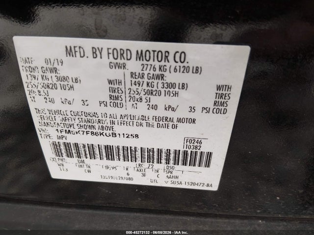 Auction sale of the 2019 Ford Explorer Limited, vin: 1FM5K7F86KGB11258, lot number: 45272132